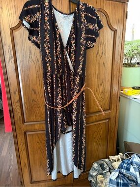 Black Floral Wrap Maxi Dress with Belt